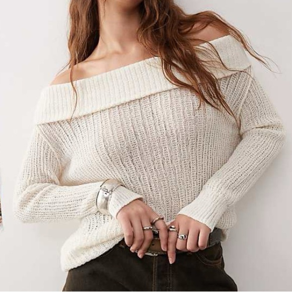 Love Off White Loose Knit Cowl Wide Neck Long Sleeve Cotton Sweater Sz Large